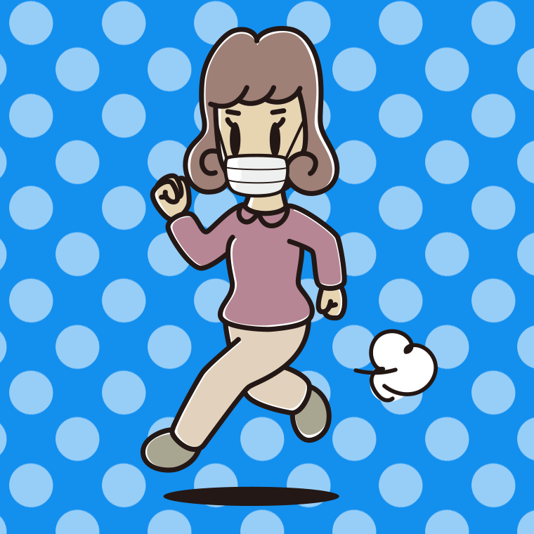 マスクをして走る女子大学生のイラスト【色、背景あり】PNG