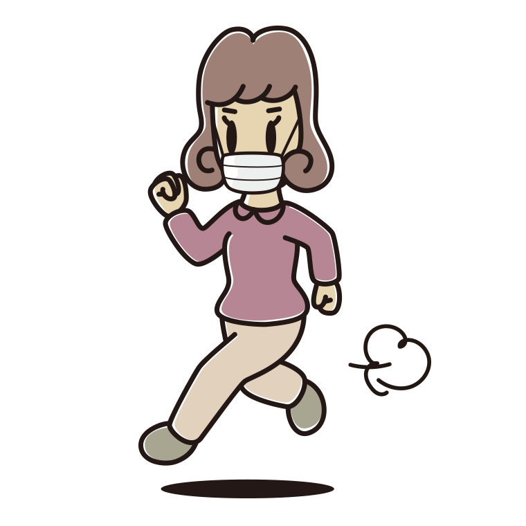 マスクをして走る女子大学生のイラスト【色あり、背景なし】透過PNG
