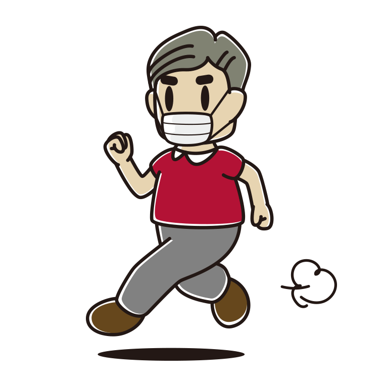 マスクをして走るおじさんのイラスト【色あり、背景なし】透過PNG