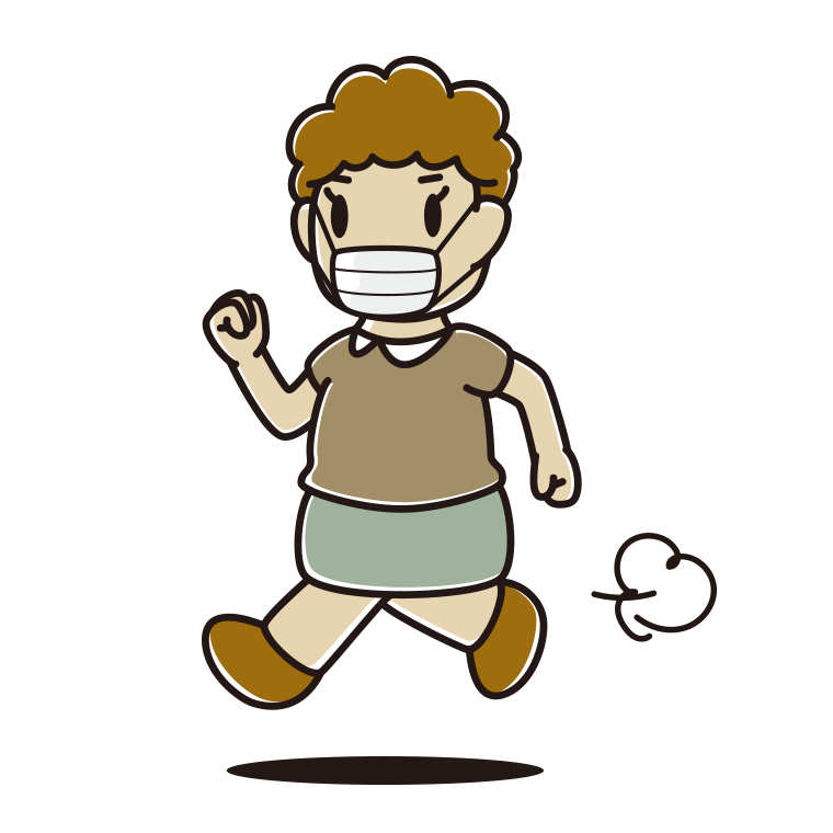 マスクをして走るおばさんのイラスト【色あり、背景なし】透過PNG