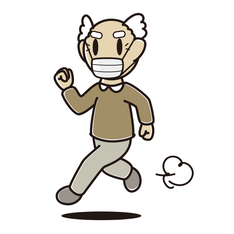 マスクをして走るおじいさんのイラスト【色あり、背景なし】透過PNG