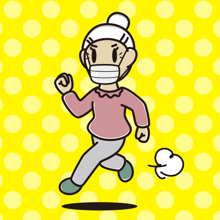 マスクをして走るおばあさんのイラスト【色、背景あり】PNG