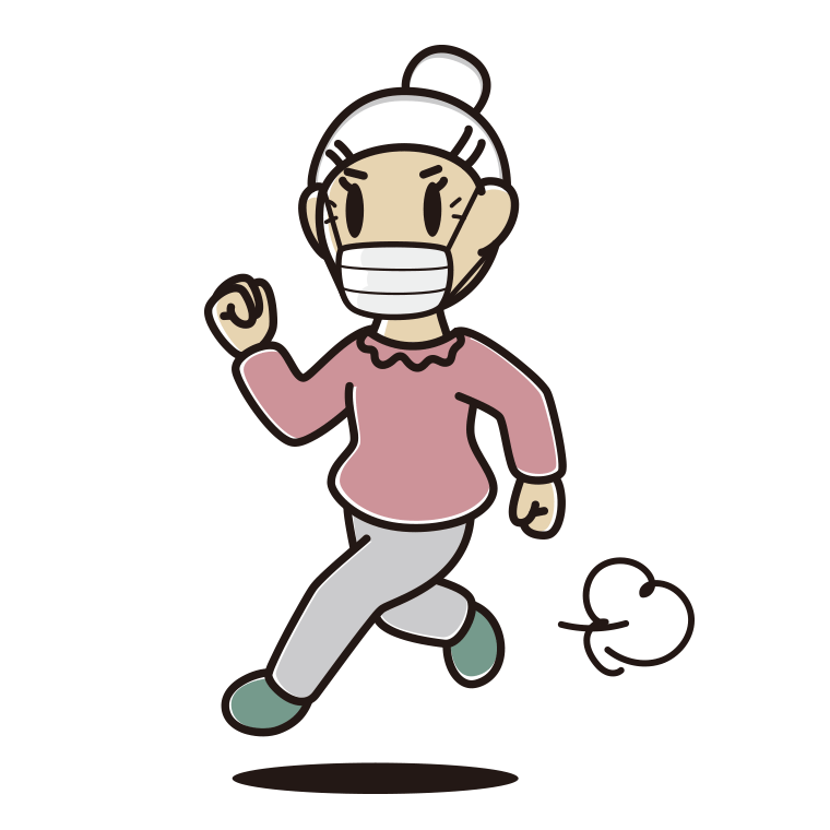 マスクをして走るおばあさんのイラスト【色あり、背景なし】透過PNG