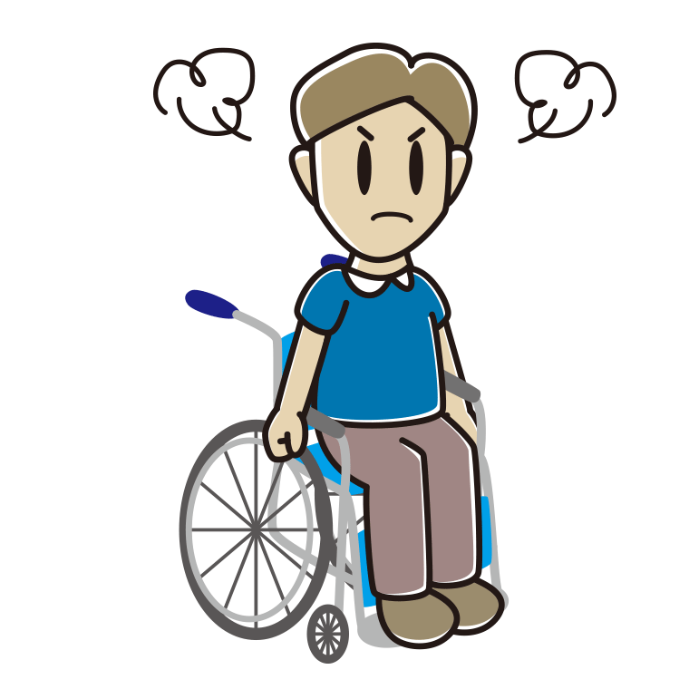 車椅子で怒る男性のイラスト【色あり、背景なし】透過PNG