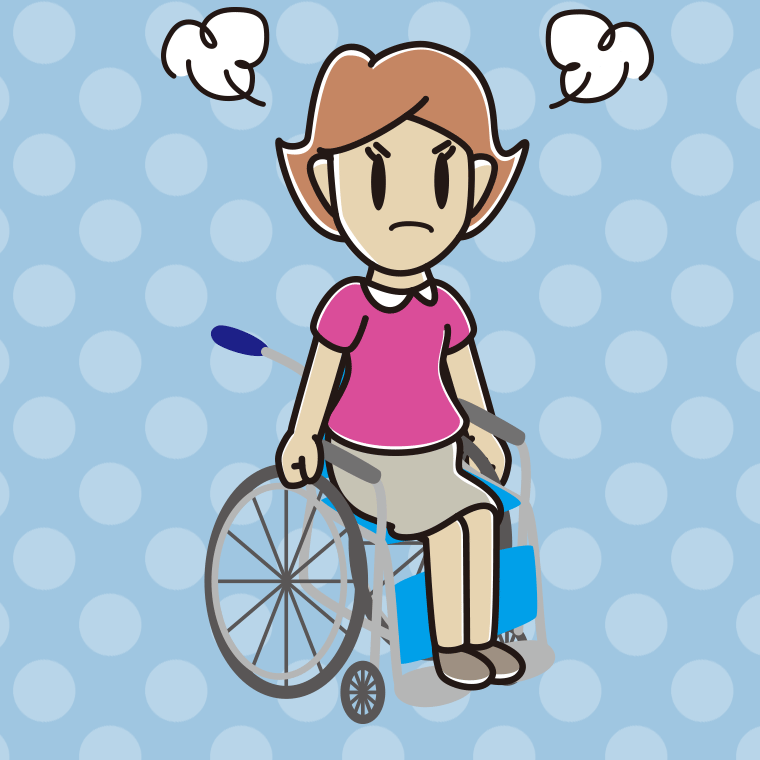 車椅子で怒る女性のイラスト【色、背景あり】PNG