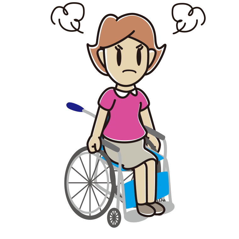 車椅子で怒る女性のイラスト【色あり、背景なし】透過PNG