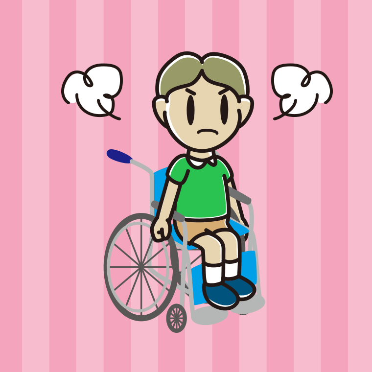 車椅子で怒る小学生男子のイラスト【色、背景あり】PNG
