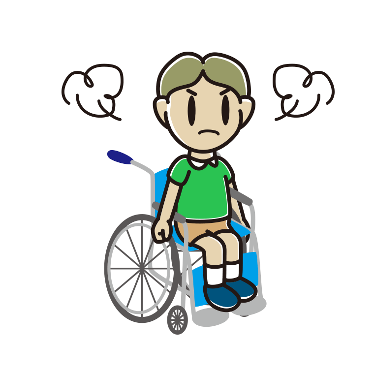 車椅子で怒る小学生男子のイラスト【色あり、背景なし】透過PNG