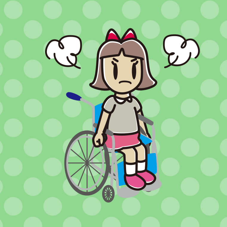 車椅子で怒る小学生女子のイラスト【色、背景あり】PNG