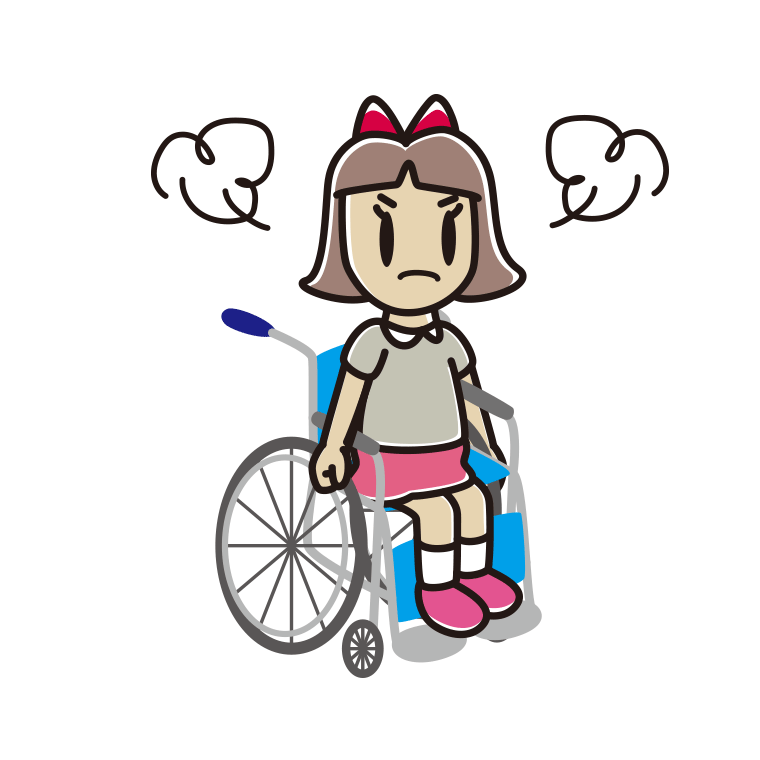 車椅子で怒る小学生女子のイラスト【色あり、背景なし】透過PNG