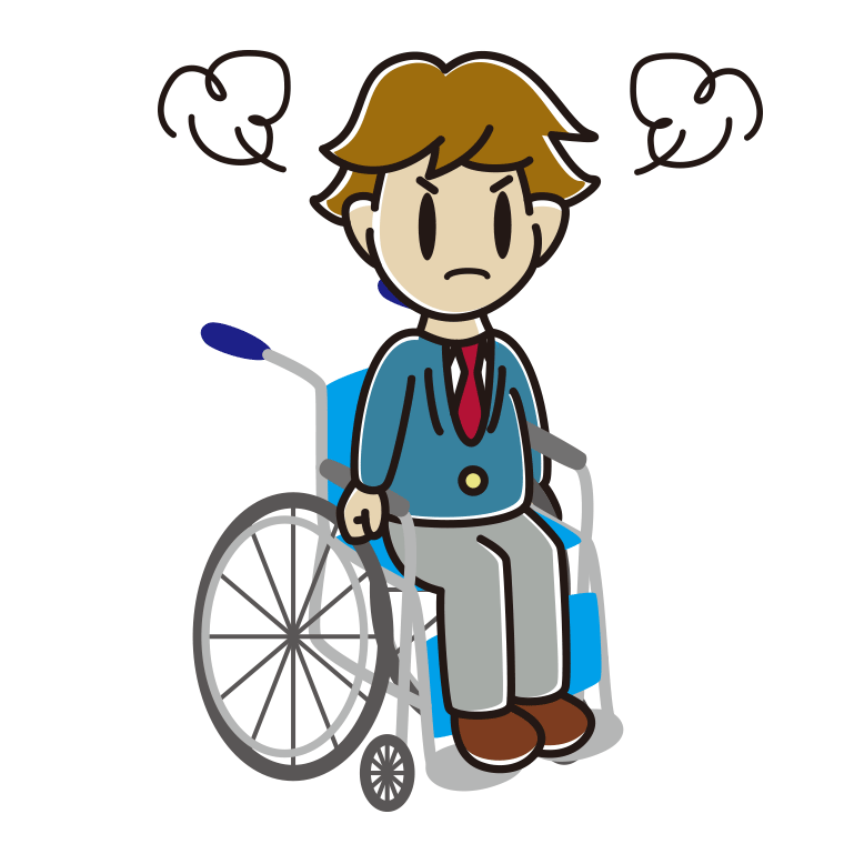 車椅子で怒る男子高校生のイラスト【色あり、背景なし】透過PNG