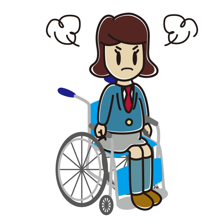 車椅子で怒る女子高校生のイラスト【色あり、背景なし】透過PNG