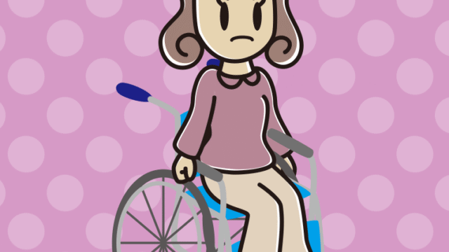 車椅子で怒る女子大学生のイラスト【色、背景あり】PNG