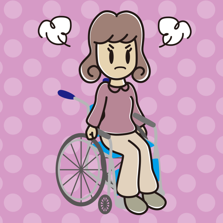 車椅子で怒る女子大学生のイラスト【色、背景あり】PNG