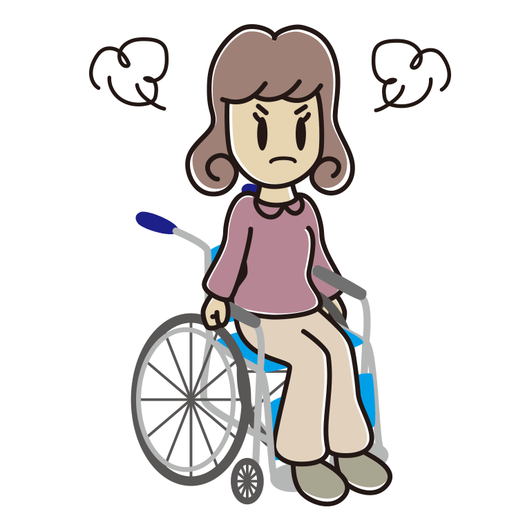 車椅子で怒る女子大学生のイラスト【色あり、背景なし】透過PNG