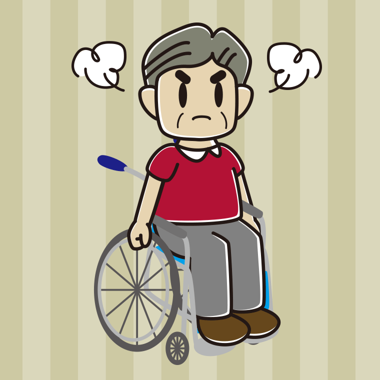 車椅子で怒るおじさんのイラスト【色、背景あり】PNG