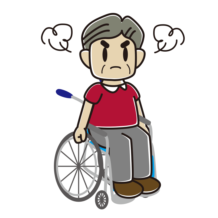 車椅子で怒るおじさんのイラスト【色あり、背景なし】透過PNG