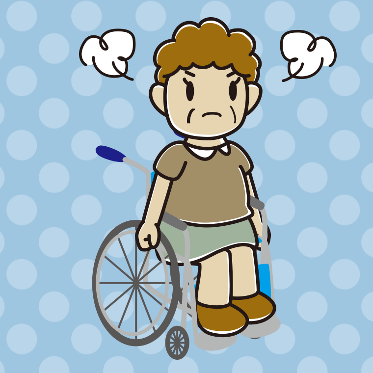 車椅子で怒るおばさんのイラスト【色、背景あり】PNG