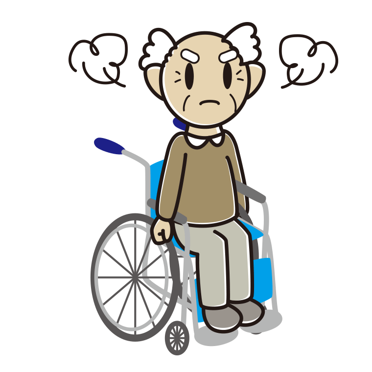 車椅子で怒るおじいさんのイラスト【色あり、背景なし】透過PNG