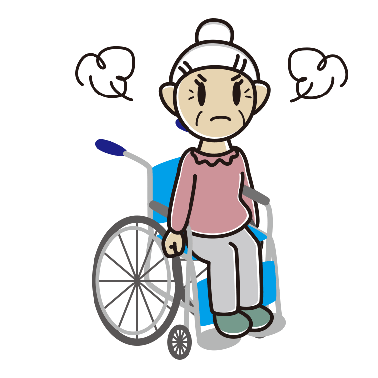 車椅子で怒るおばあさんのイラスト【色あり、背景なし】透過PNG