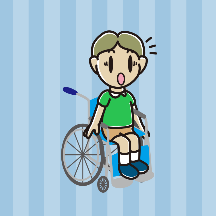 車椅子で驚く小学生男子のイラスト【色、背景あり】PNG
