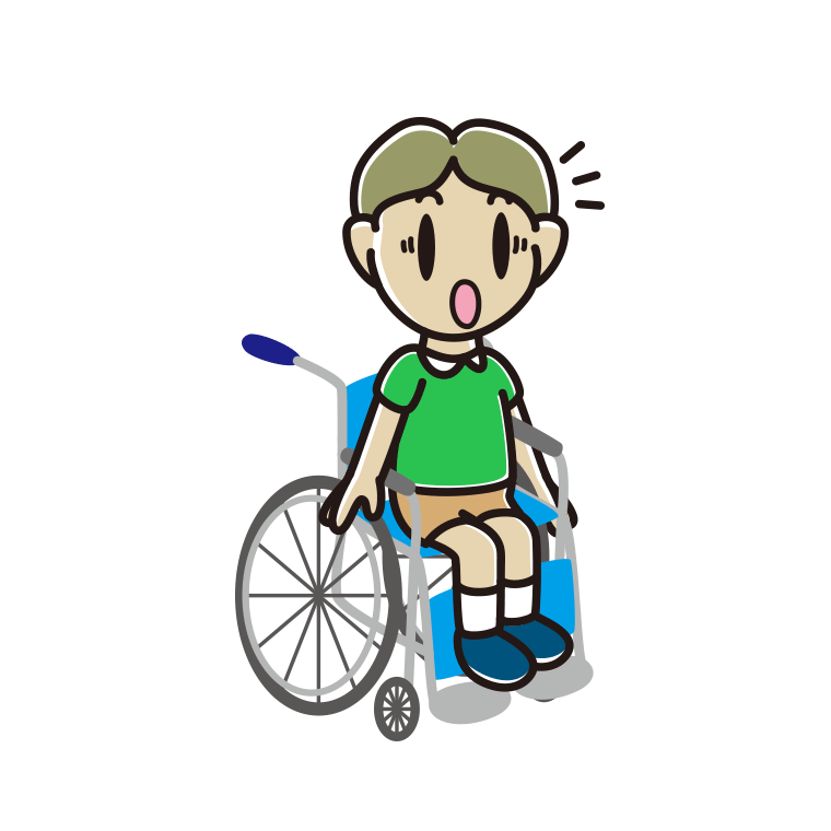 車椅子で驚く小学生男子のイラスト【色あり、背景なし】透過PNG