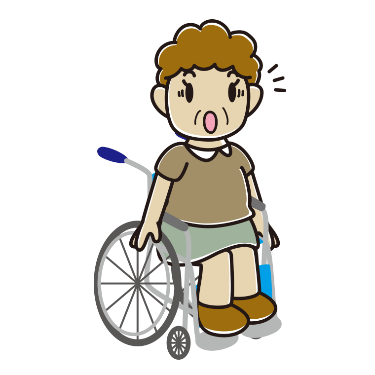 車椅子で驚くおばさんのイラスト【色あり、背景なし】透過PNG