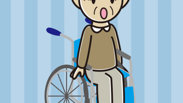 車椅子で驚くおじいさんのイラスト【色、背景あり】PNG