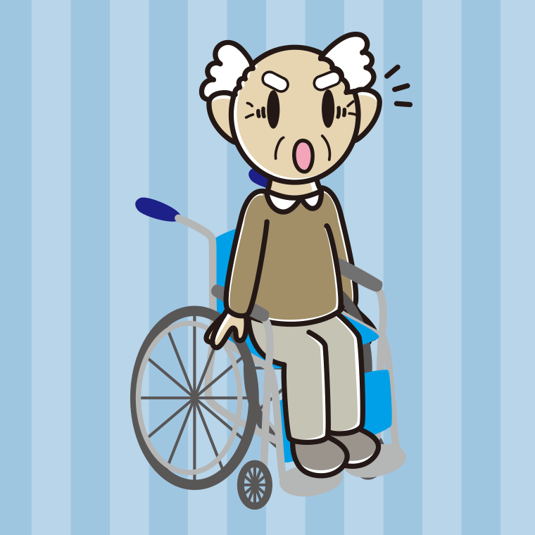 車椅子で驚くおじいさんのイラスト【色、背景あり】PNG