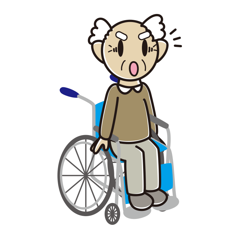 車椅子で驚くおじいさんのイラスト【色あり、背景なし】透過PNG