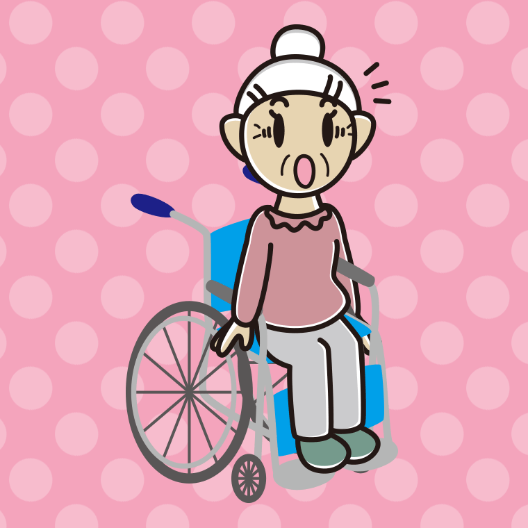 車椅子で驚くおばあさんのイラスト【色、背景あり】PNG