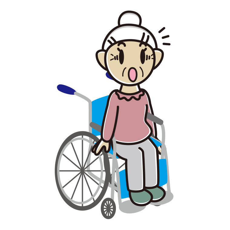車椅子で驚くおばあさんのイラスト【色あり、背景なし】透過PNG
