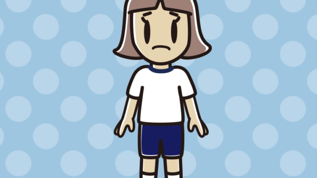困る体操着姿の小学生女子のイラスト【色、背景あり】PNG