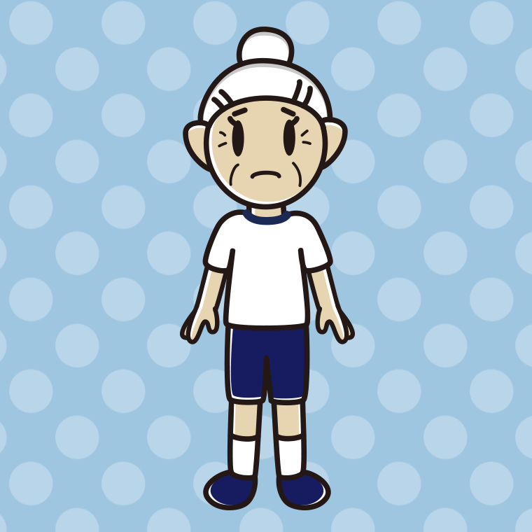 困る体操着姿のおばあさんのイラスト【色、背景あり】PNG
