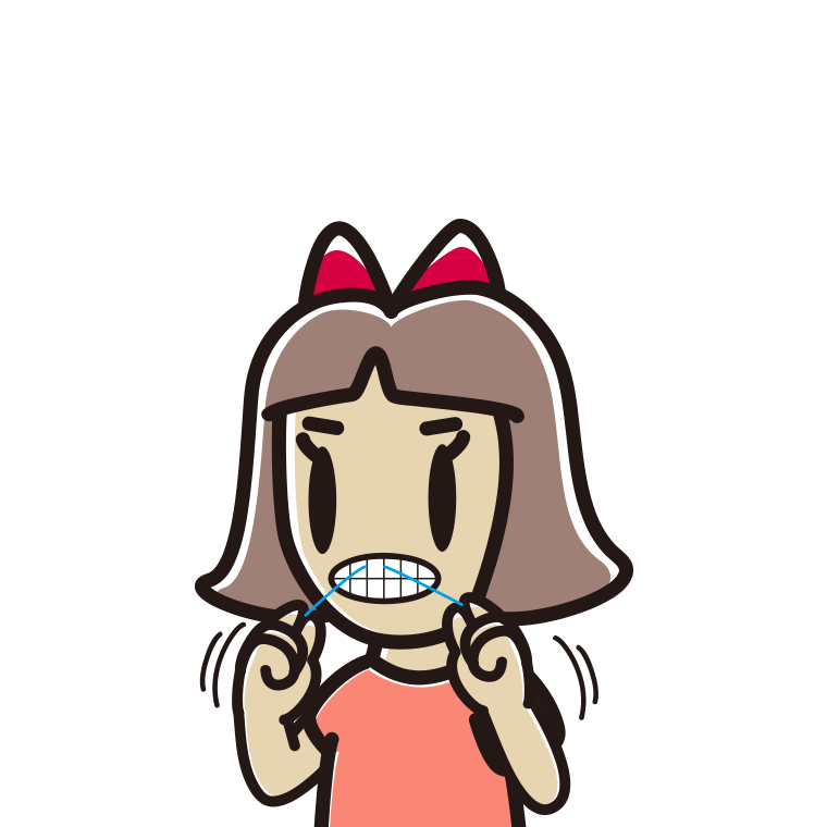 デンタルフロスを使う小学生女子のイラスト【色あり、背景なし】透過PNG