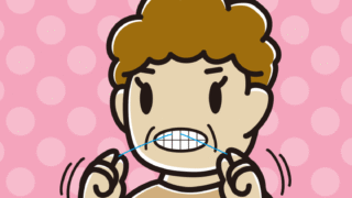 デンタルフロスを使うおばさんのイラスト【色、背景あり】PNG