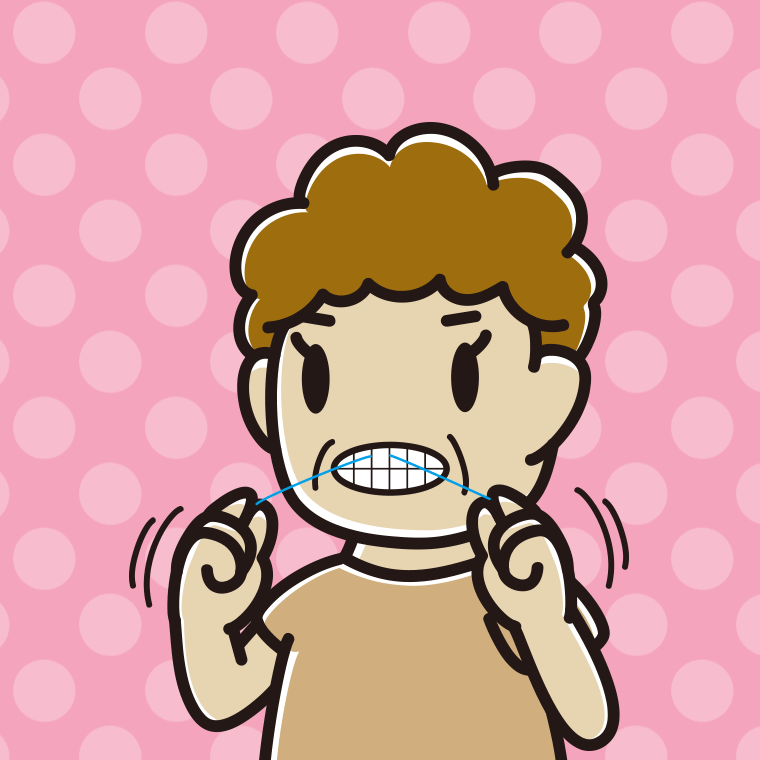 デンタルフロスを使うおばさんのイラスト【色、背景あり】PNG