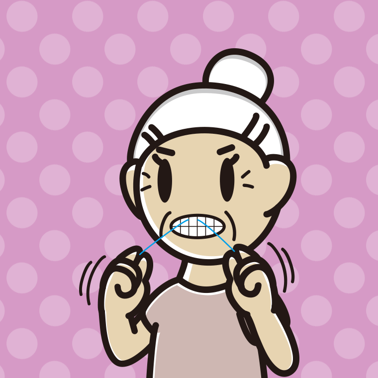 デンタルフロスを使うおばあさんのイラスト【色、背景あり】PNG