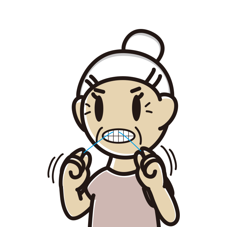 デンタルフロスを使うおばあさんのイラスト【色あり、背景なし】透過PNG