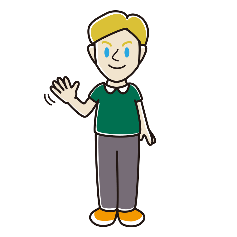手を振る外国人男性のイラスト【色あり、背景なし】透過PNG