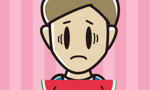 スイカで困る男性のイラスト【色、背景あり】PNG