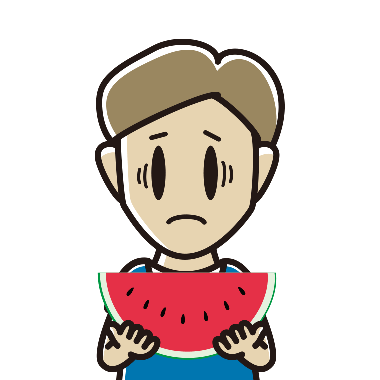 スイカで困る男性のイラスト【色あり、背景なし】透過PNG
