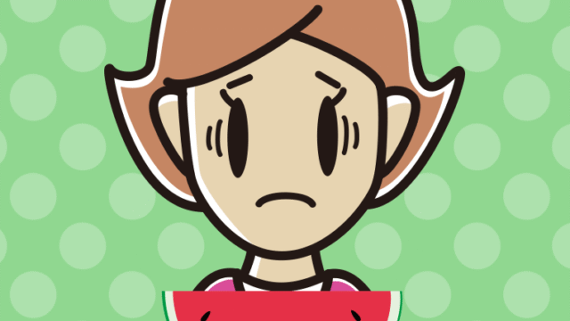 スイカで困る女性のイラスト【色、背景あり】PNG