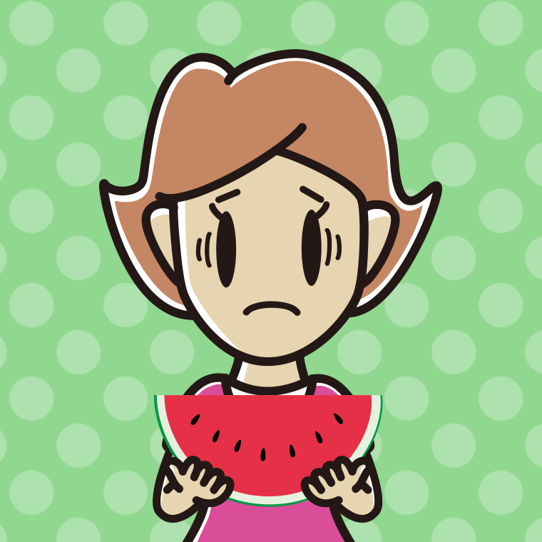 スイカで困る女性のイラスト【色、背景あり】PNG