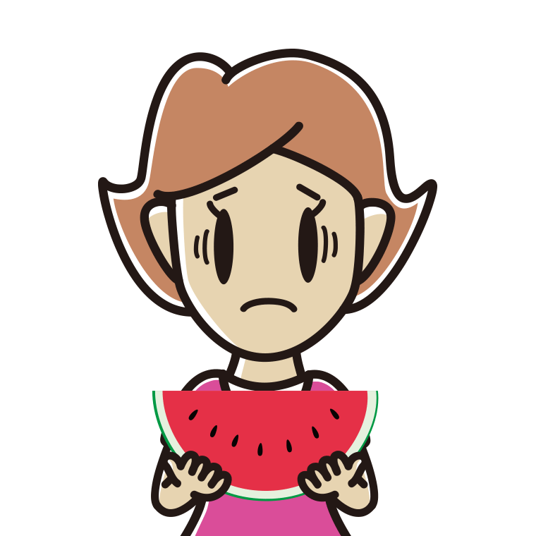 スイカで困る女性のイラスト【色あり、背景なし】透過PNG
