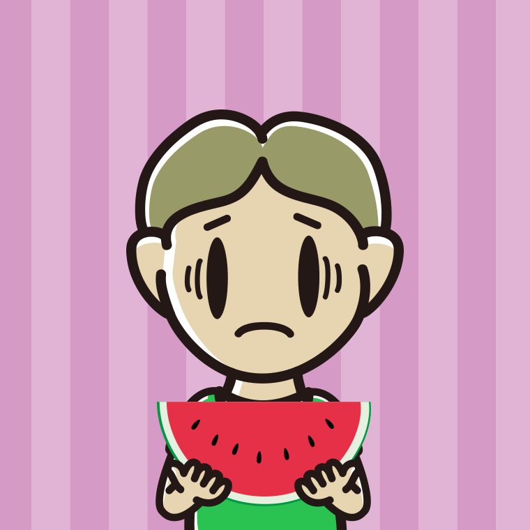スイカで困る小学生男子のイラスト【色、背景あり】PNG