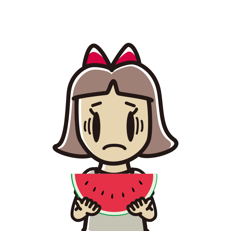 スイカで困る小学生女子のイラスト【色あり、背景なし】透過PNG