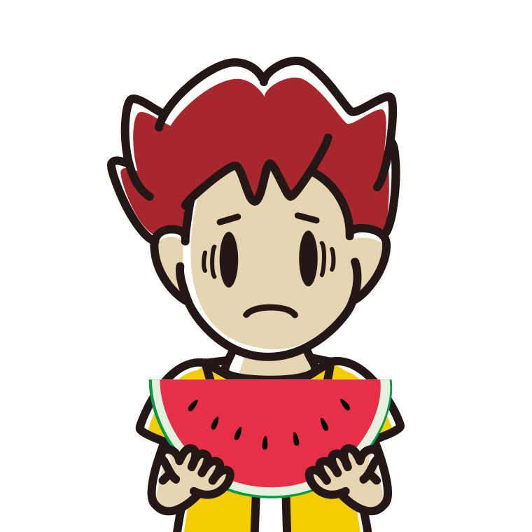 スイカで困る男子大学生のイラスト【色あり、背景なし】透過PNG