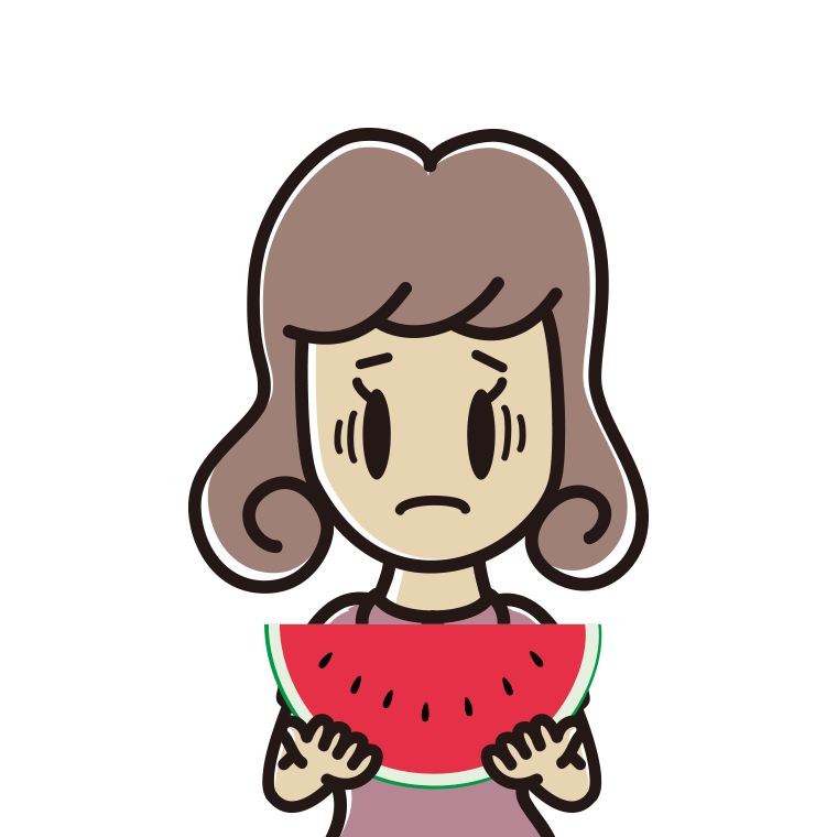 スイカで困る女子大学生のイラスト【色あり、背景なし】透過PNG