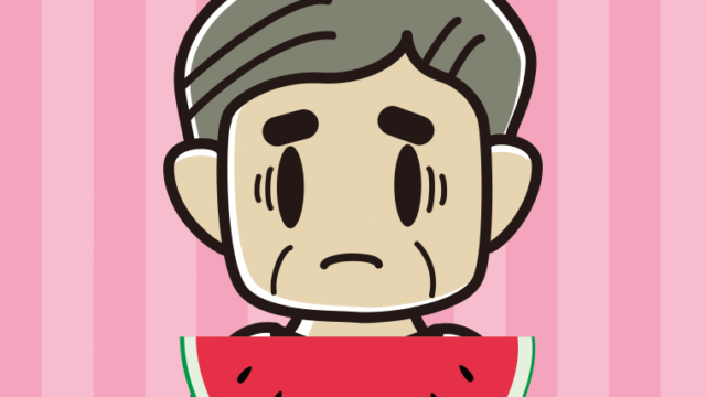 スイカで困るおじさんのイラスト【色、背景あり】PNG